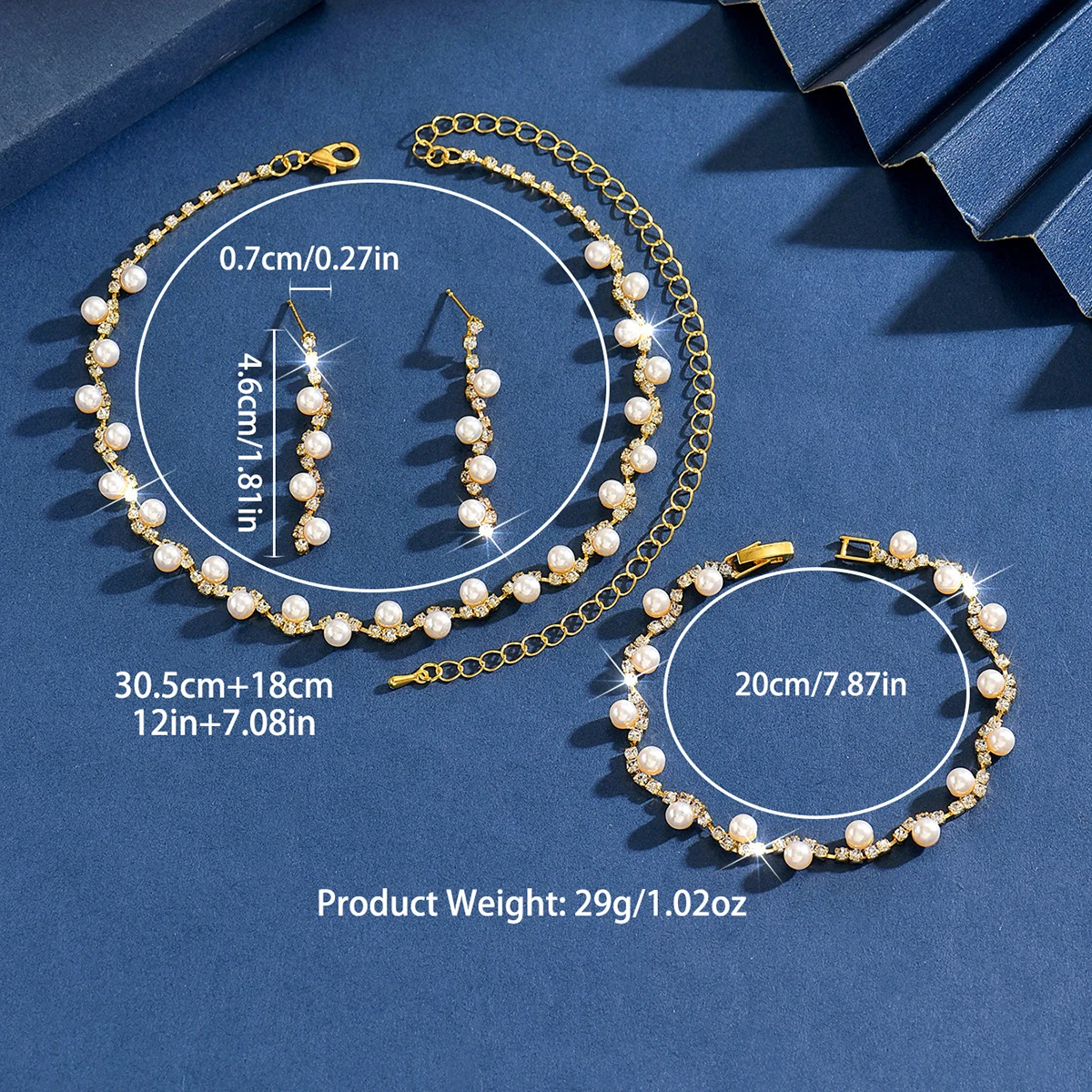 Gentle Socialite Wind Broken Diamond Pearl Necklace Earrings Bracelet 3-Piece Set Wedding Party Banquet Women's Accessories