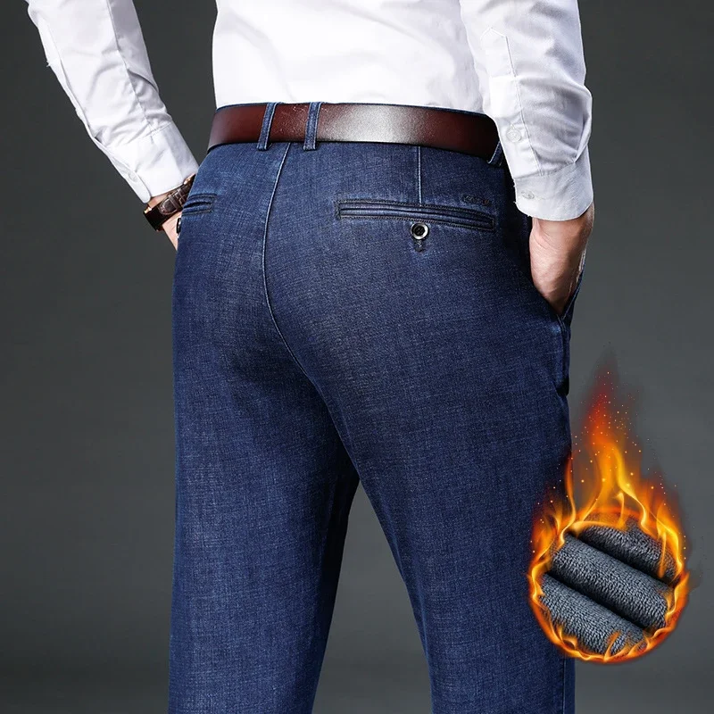 

Business Quality Clothing Office Men's Fit Straight Denim Jeans Warm Fleece Thick Classic High Waist Casual Trousers Blue Black