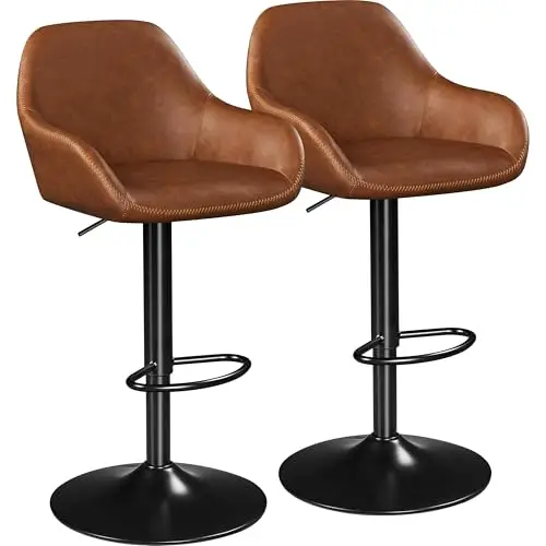 Bar Stools Set of 2, Adjustable Swivel PU Leather, Retro Brown | Counter Height Barstools with Padded Backrest &