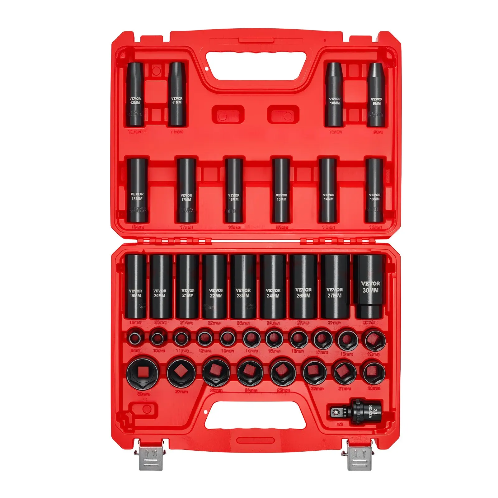 

1/2 In Drive Impact Socket Set, 39 Piece, 6 Point Deep & Shallow Impact Sockets, Metric 9 To 30 Mm, Cr-V Steel High Durability,
