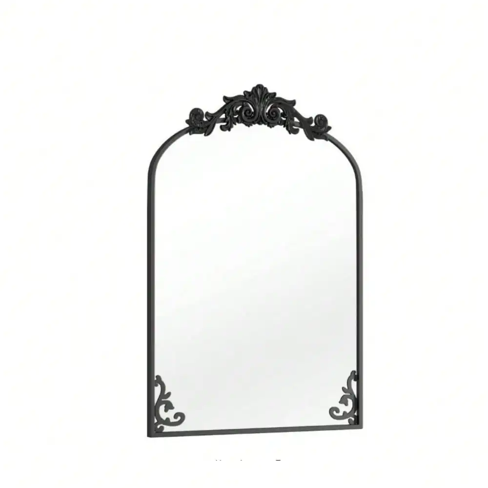 Arched Metal Framed with Carved Decoration Vanity Mirror Wall Mirror for Entryway, Bedroom Vanity, Living Room, Hallway Decor