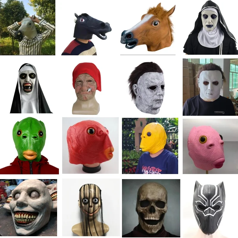 Máscara de Cosplay de Halloween, tocado de Animal divertido, máscaras de cabeza de pez, pájaro, perro, burro, cabeza de caballo, accesorio divertido y aterrador, máscara de Terror de Carnaval