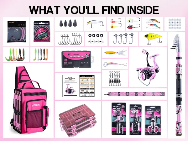 

Goture Pink Complete Saltwater Fishing Combo Full Tackle Set with Rod Reel Bag Lures Kit with 3 Tackle Boxes for All Skill Level