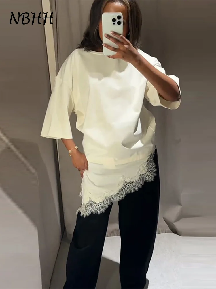 Top irregolare con giunture in pizzo Donna Allentato O-Collo Mezza manica Bianco Nero T-shirt Donna 2025 Fashion Lady All-match Chic Top