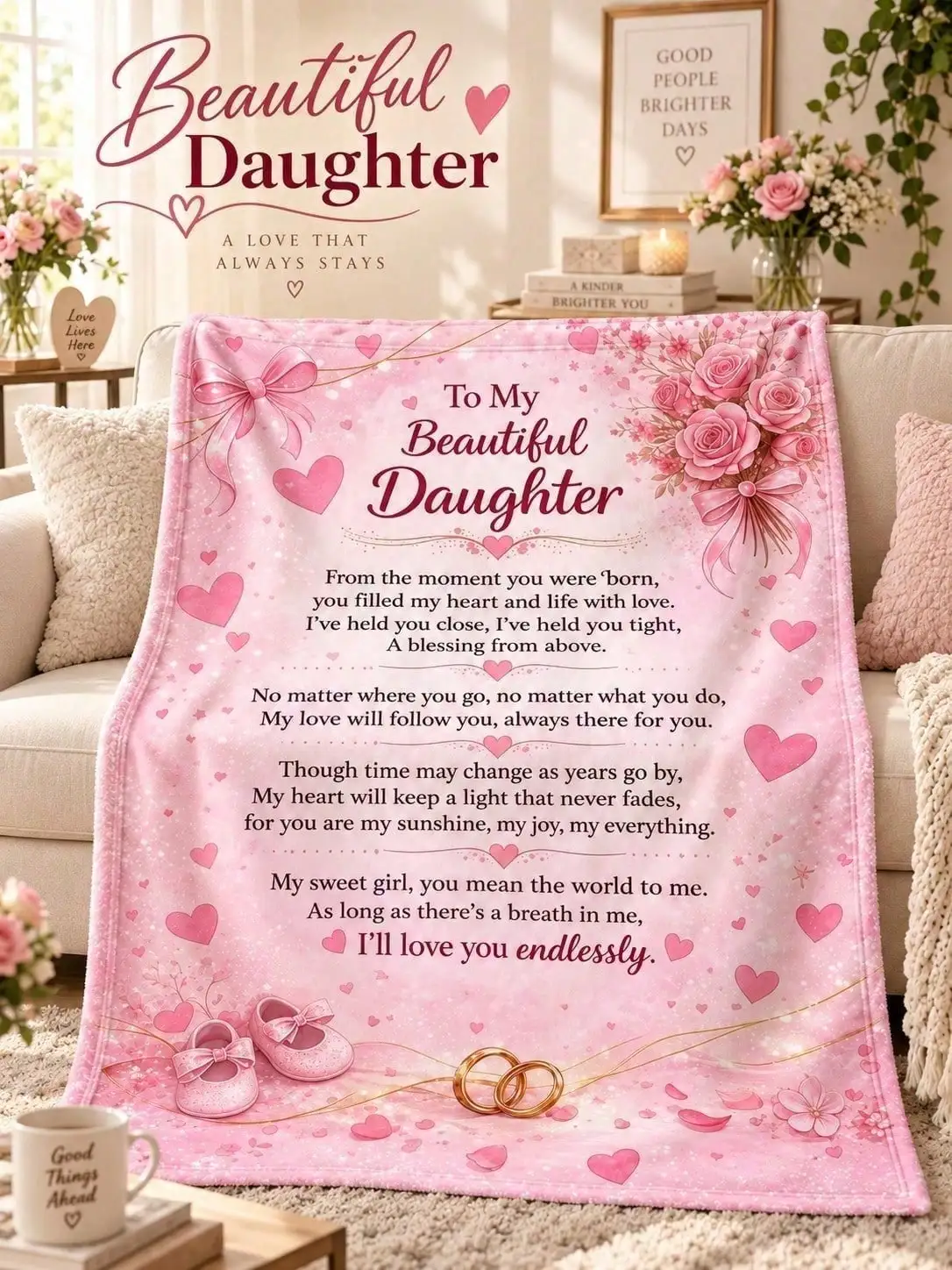 Daughter Floral Rings Love Poem Flannel Blankets Sofa Throw Bed Home Decor Bedroom Living Room Halloween Thanksgiving Christmas Anniversary Birthday Housewarming Guestroom Lounge Apartment Travel Office Nap Seasonal Accent Gift for Family Friends