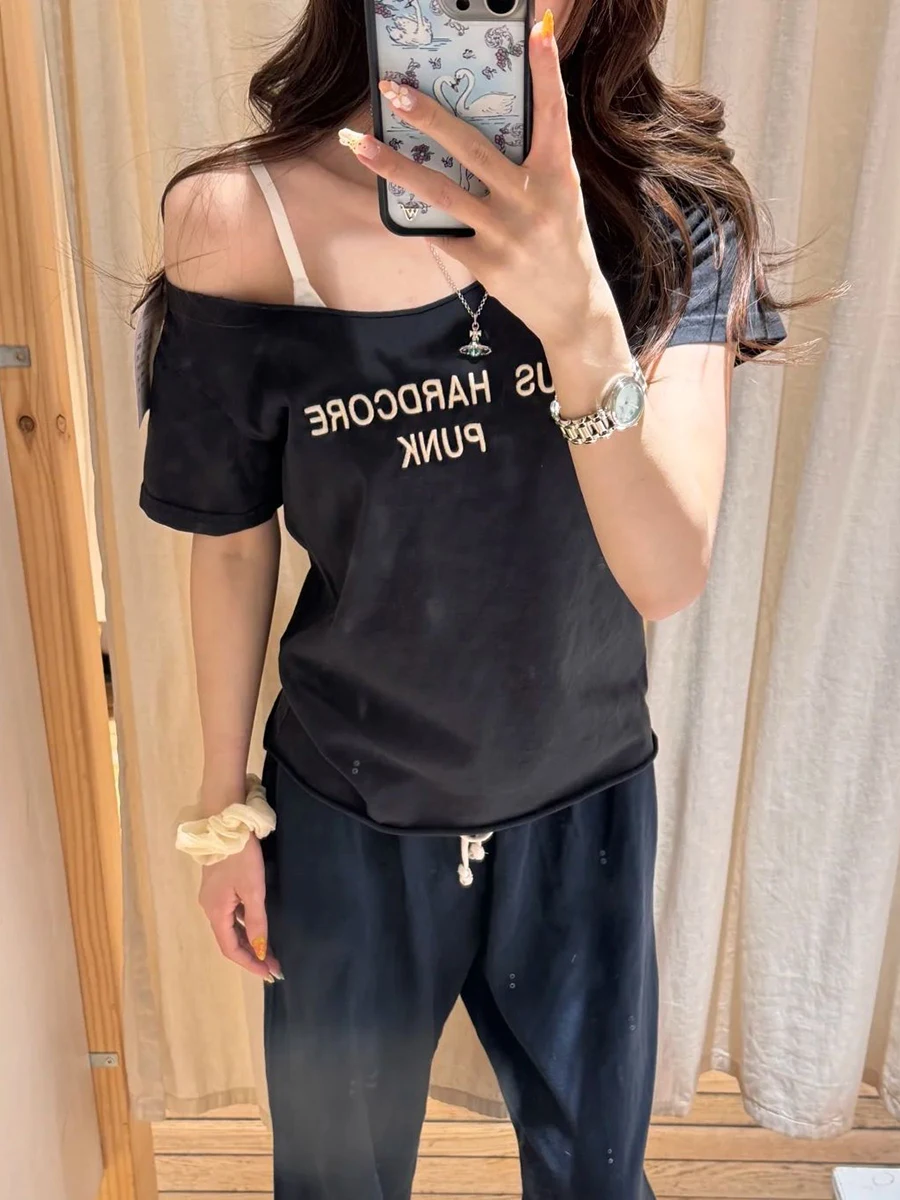 Brief Stickerei Dünnes T-shirt Frau Sommer Slash Neck Raw Saum Kurzarm T-shirts Vintage Streetwear Baumwolle T-shirt Y2k Tops – Detail 7