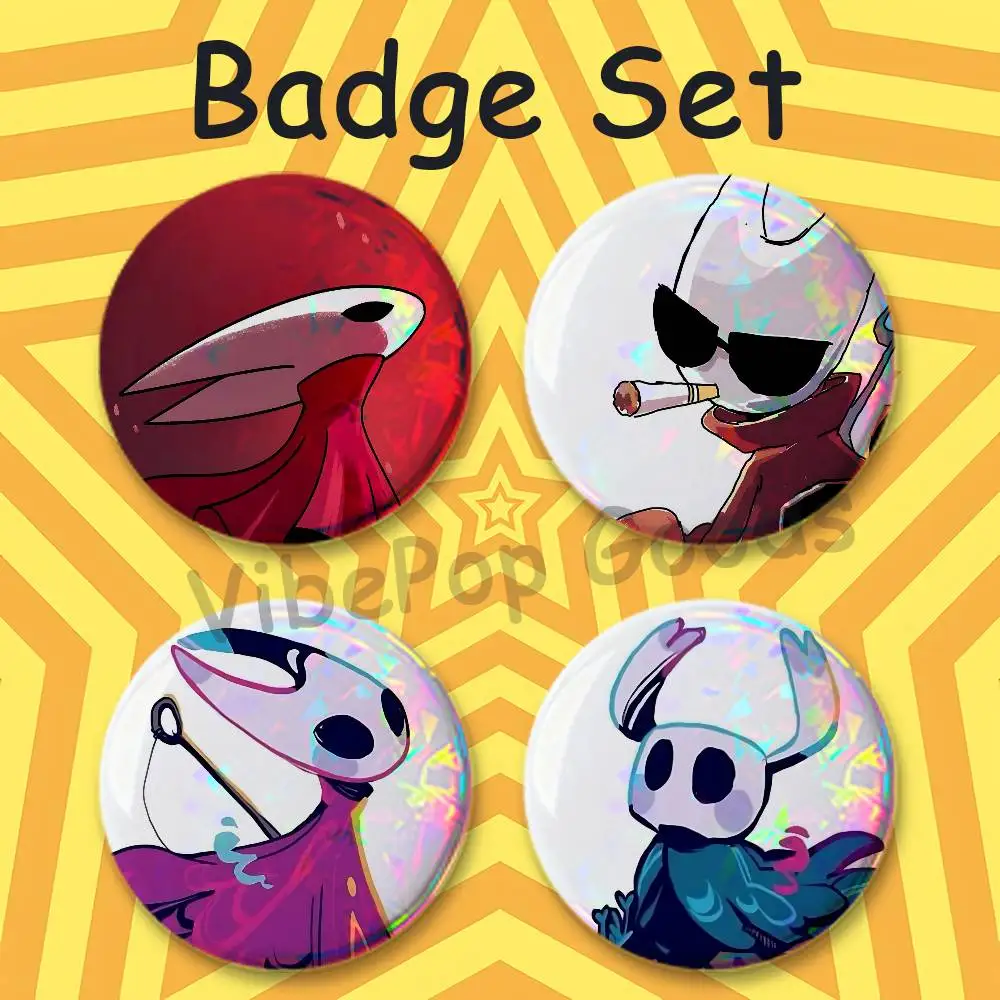 H-Hollow Knight S-Silksong Hornet 75mm Large Tin Badge 3 Inch Holographic Baji for Ita-Bag Centerpiece 4-Piece Set