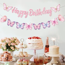 Pink Happy Birthday Banner With Butterfly Dancing Hanging Pendant Garlands Girls Princess 1st Happy Birthday Party Decorations
