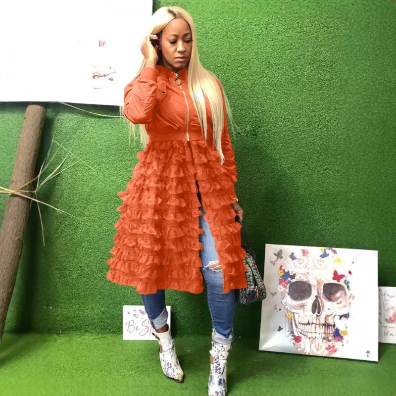 

New in Jackets Fashion Zipper Solid Color Coat Elegant Mesh Flower Edge Lace Skirt Mid Length Spliced Jacket Women Windbreaker