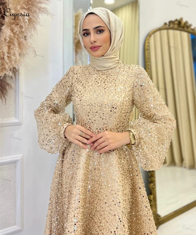 Ciynsia High Neck Luxury Beaded Hijab Muslim Evening Dresses Long Sleeves Islamic Formal Prom Gown Arabic Dubai فستان سهرة نسائي