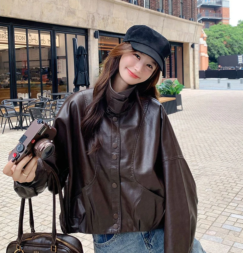 Women Faux Leather Jacket Stand Collar Snap Button Coat Oversized Drop Shoulder Bomber Y2K Retro Streetwear Autumn Outerwear Top