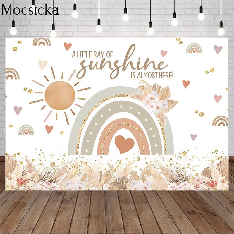 A Little Ray Of Sunshine Is Almost Here Bohemia Rainbow Pampas Grass Decor Backdrops Newborn 1st Birthday Party Photo Background