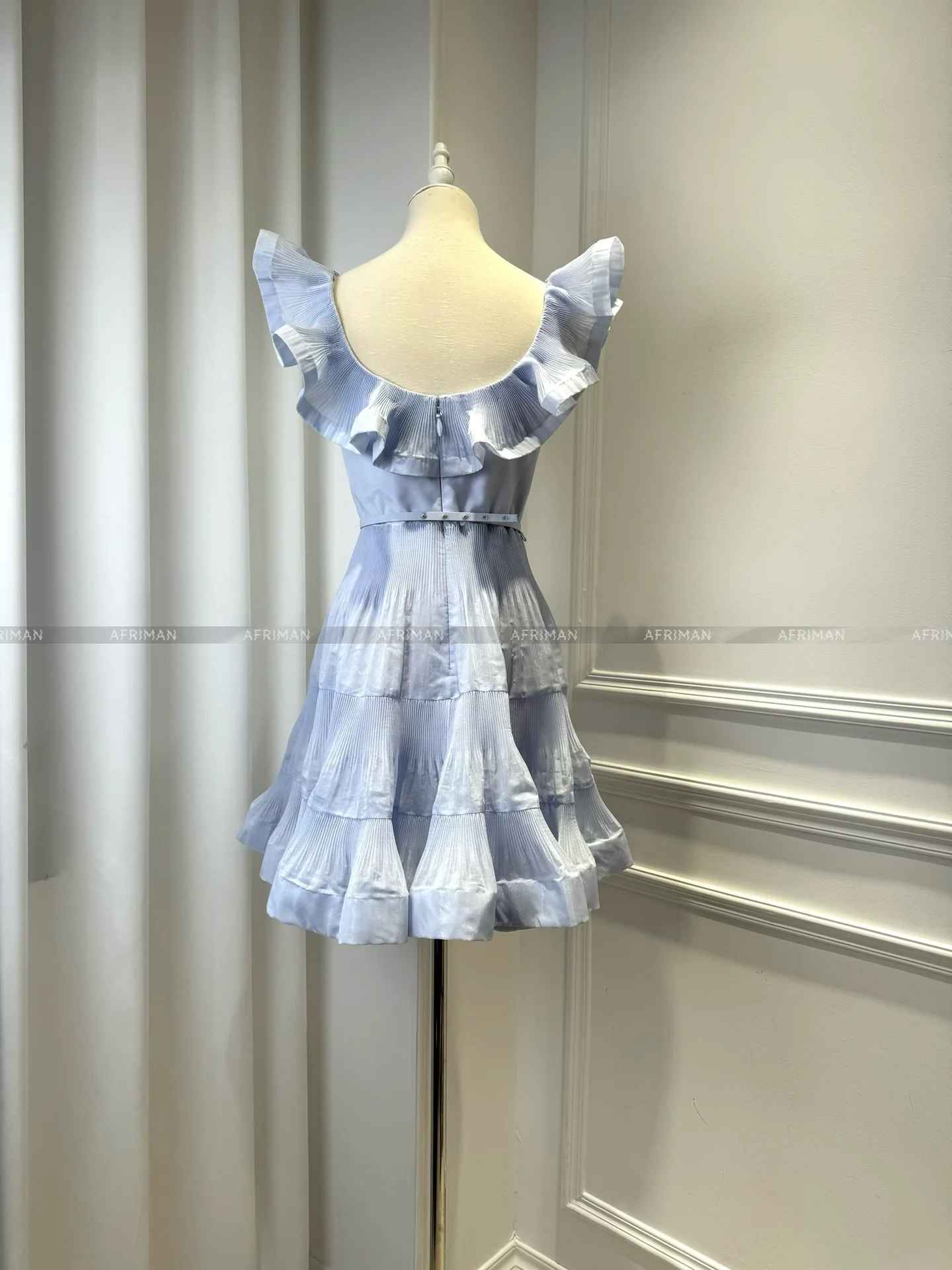 Women Ruffles Sleeve Light Blue Pleated Mini Ball Gown Dress with Belt