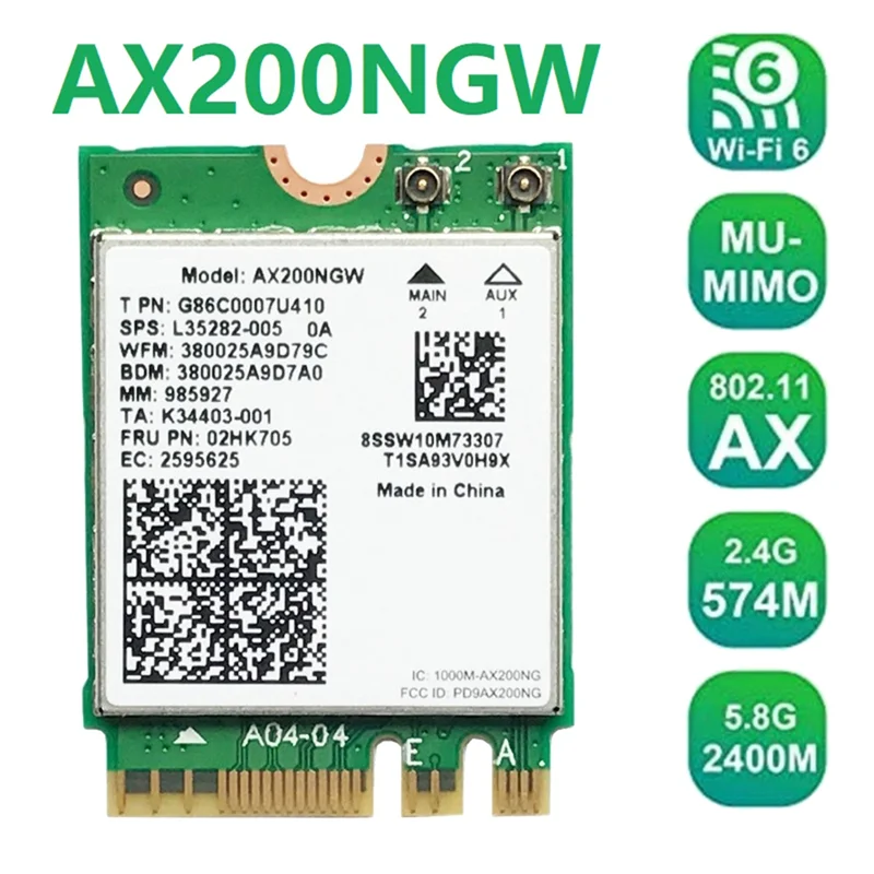 AX200 AX200NGW Network Card M.2 NGFF WiFi Card Bluetooth 5.0 WiFi 6 2.4G/5G 802.11Ac/Ax WiFi Wireless Adapter Card