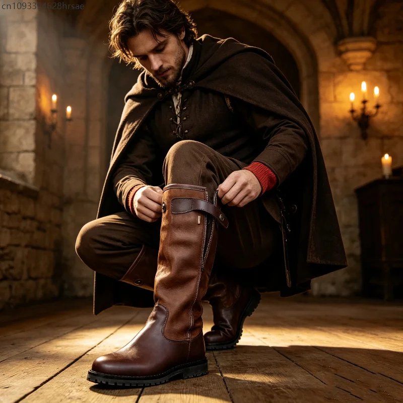 Men Medieval High Top Zipper Boots Retro PU Leather Knight Cosplay Boots Party Stage Performance Costume Outdoor Riding Shoes