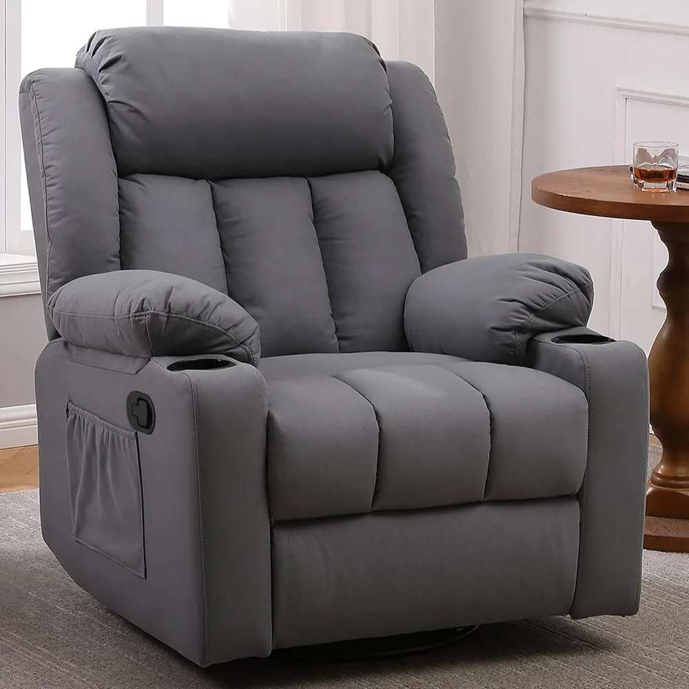 

Rocker Swivel Recliner Chair for Adult, Comfy Soft Fabric Overstuffed Large Manual Recliner Glider w/Massage & Heat, Living Room