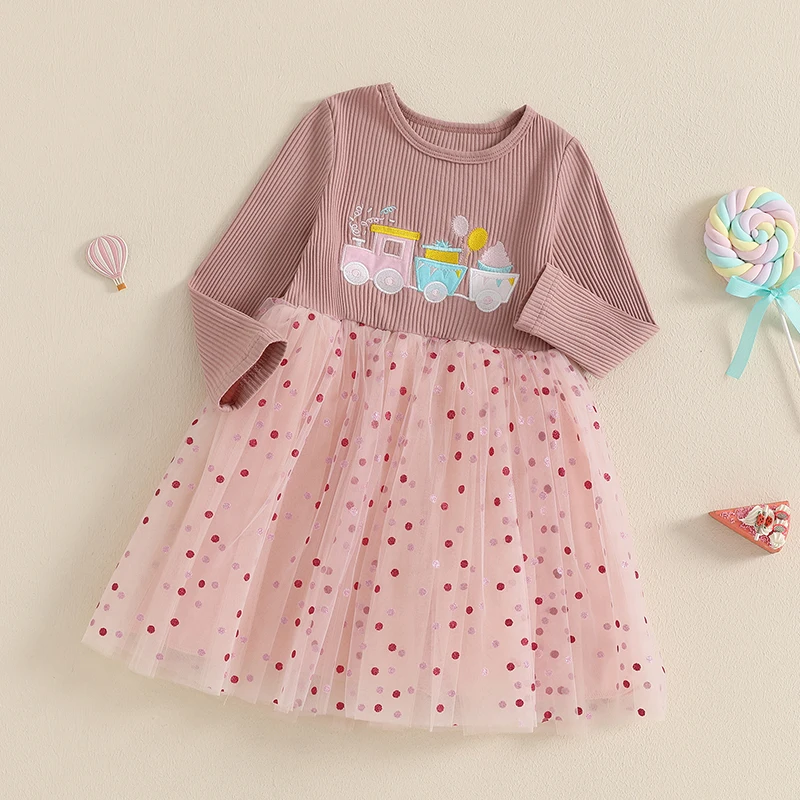 Vestido de cumpleaños para niñas, vestido acanalado de manga larga con tren bordado de retazos, vestido de fiesta de tul en capas, ropa para niñas