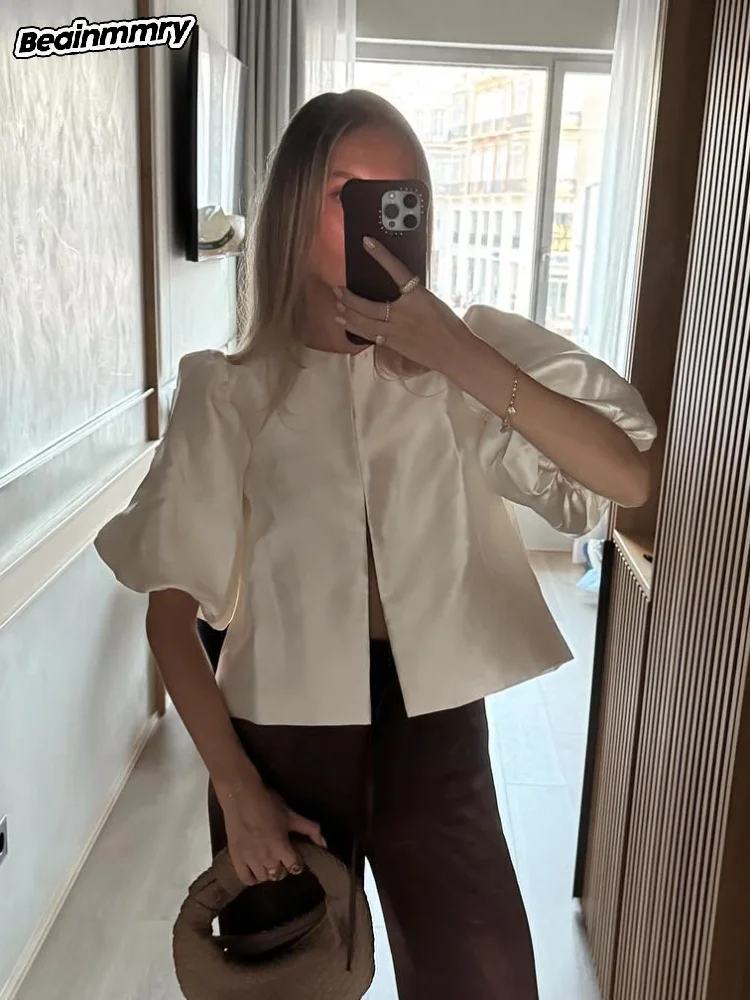 

Elegant solid color round neck silk lantern sleeve top woman fashion