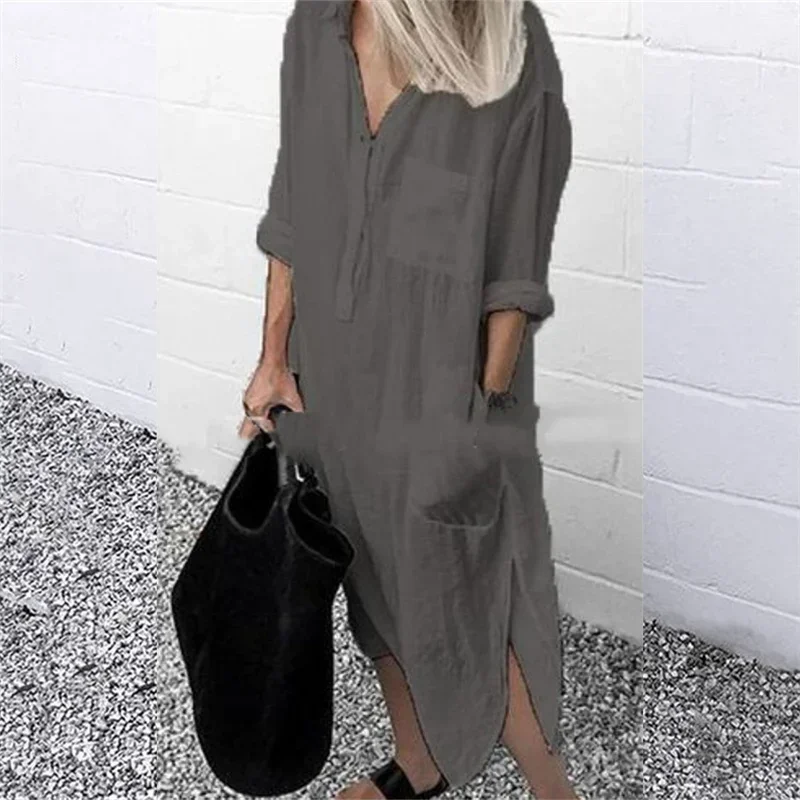 Frauen elegante Baumwolle Leinen einfarbige Kleider Sommer bequeme weibliche lässige Pendler Kleid Multi-Pocket Split Saum lose Kleid