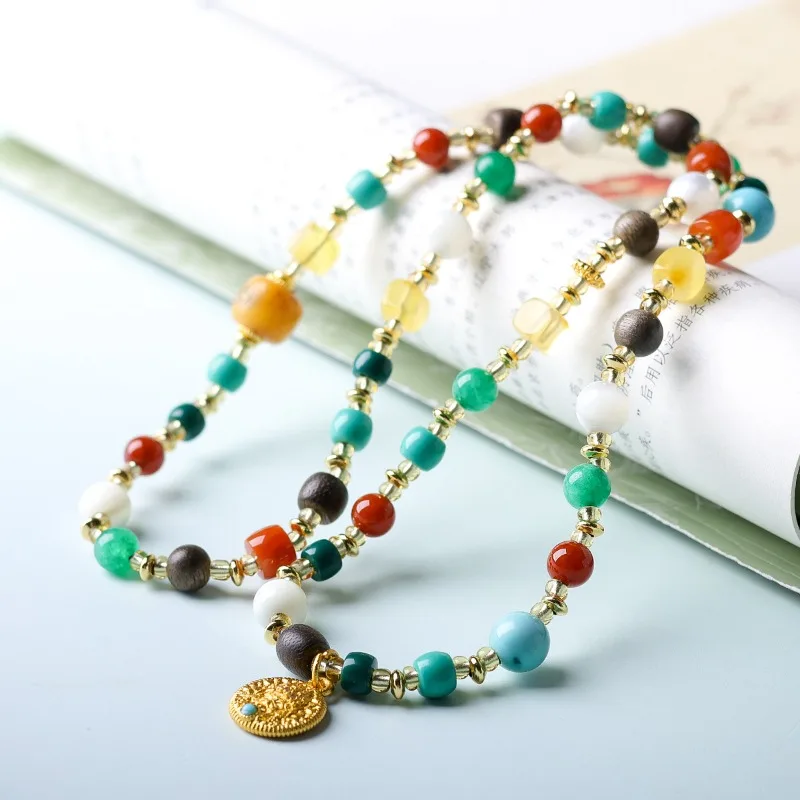 Zakiram Copper Pendant Beeswax Ox Bone Swastika Agarwood Turquoise Agate Multi Treasure Bracelet Necklace Gifts