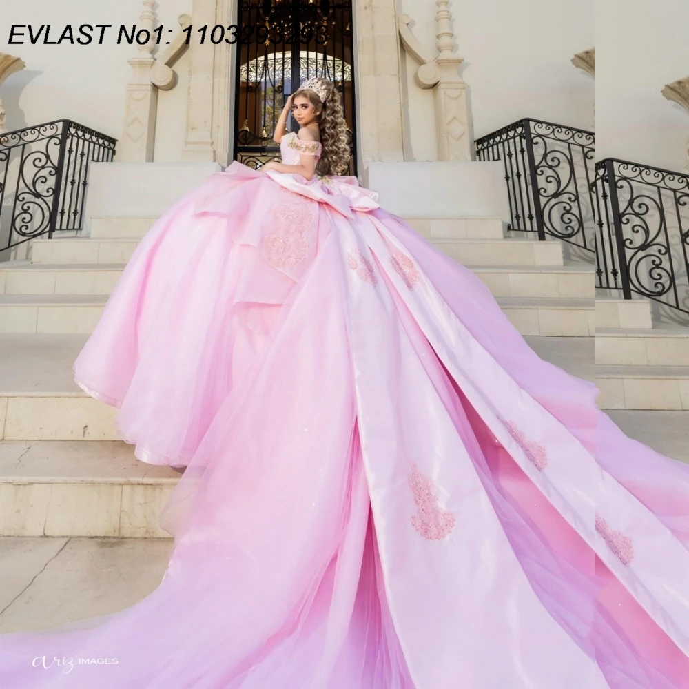 

EVLAST блестящее розовое платье Quinceanera по индивидуальному заказу, бальное платье с блестящей кружевной аппликацией и бантом из бисера, милое платье 16, Vestidos De 15 Anos E1QN689
