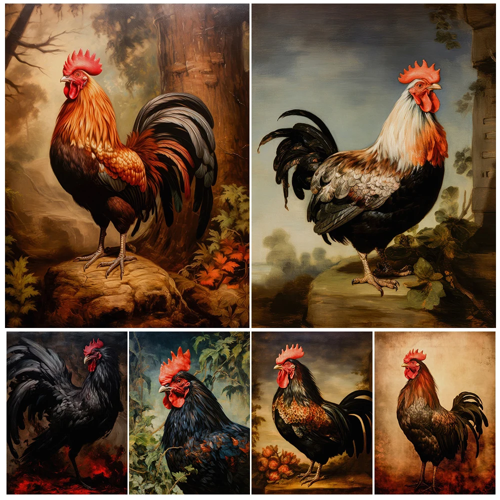 

Black-Feathered Rooster And Red-Feathered Rooster Portrait Wall Art Canvas Painting Rooster Animal Art Poster Print Home Decor