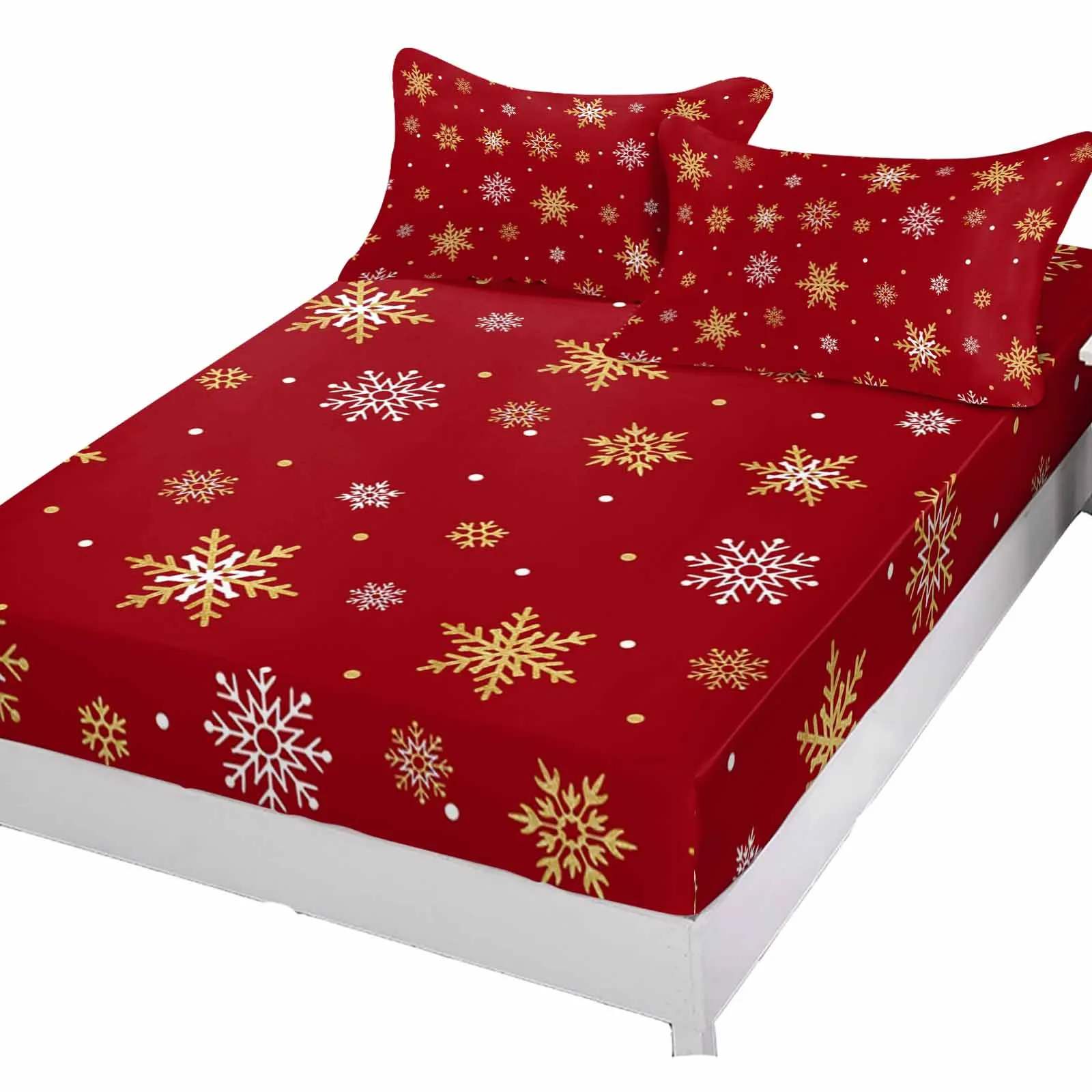 Christmas Winter Snowflake Red Polyester Fitted Sheet Mattress Cover Four Corners Elastic Band Bed Sheet With Pilllowcase