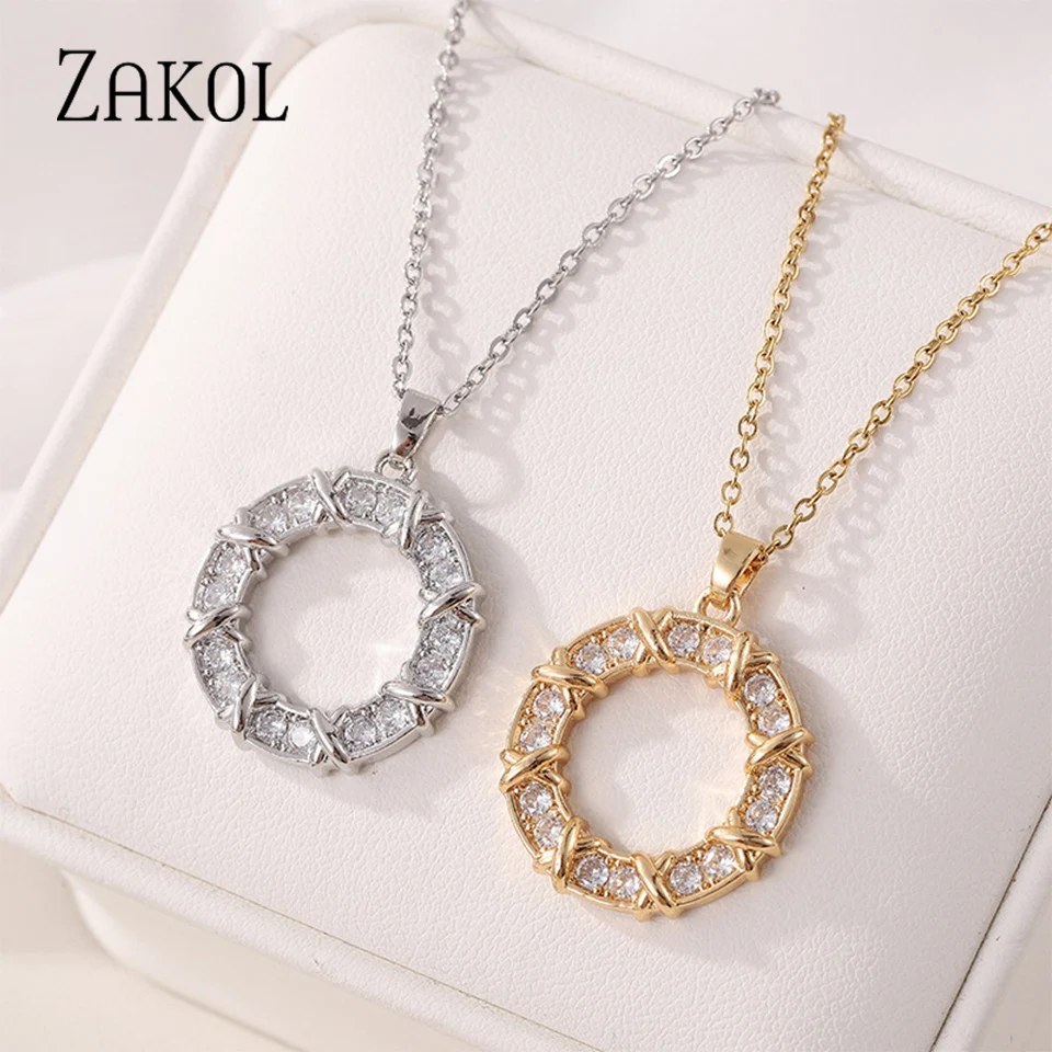 ZAKOL Fashion AAA Zircon Circle Pendant Necklace for Women X Shape Design Engagement Anniversary Jewelry Gift