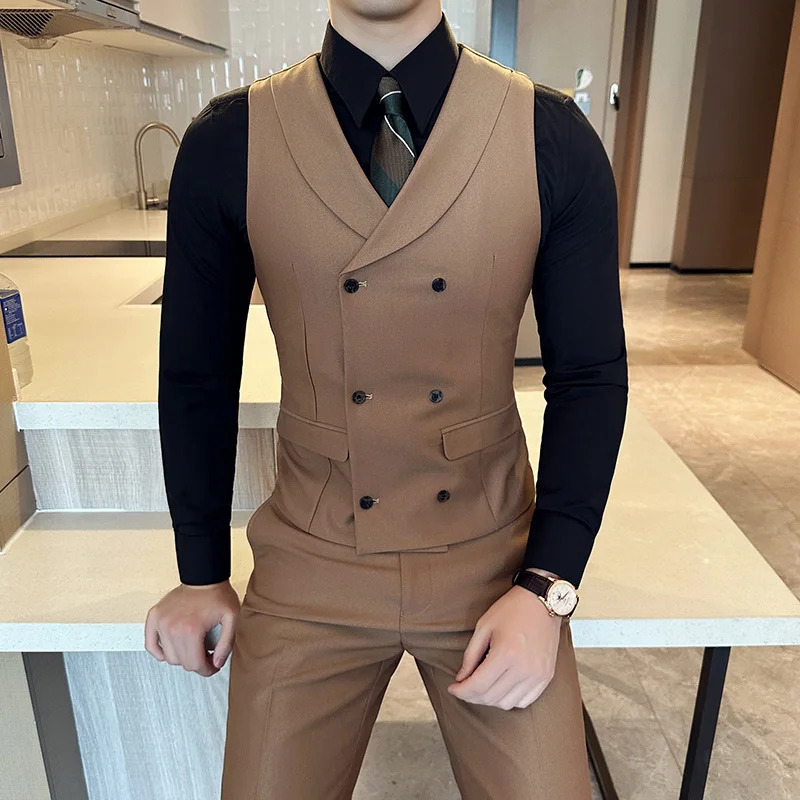 Autumn Double Breasted Suit Vest Men\'s High Quality Slim Casual Business Formal Sleeveless Vest Wedding Groom Banquet Waistcoat