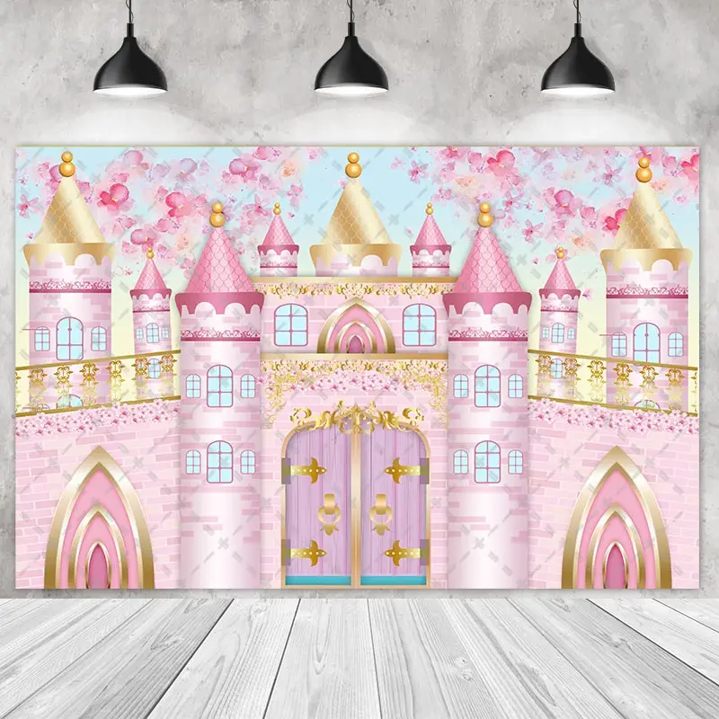 Pink Gold Castle Party Backdrops Baby Shower Children Kids Photography Cake Smash Floral Background Shoot Customize Name Photo