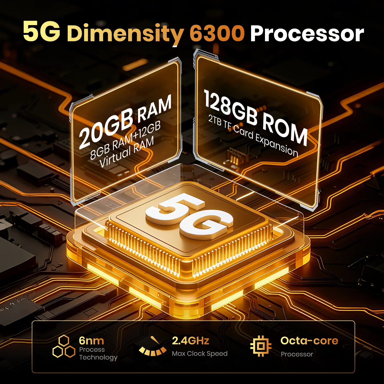 هاتف FOSSIBOT F110 Pro غير مقفول 5G Android 15: مكبر صوت 128 ديسيبل، 20 جيجابايت + 128 جيجابايت (2 تيرابايت توسيع)، 10000 مللي أمبير، 6.7 بوصة عالي الدقة، كاميرا 50 ميجابكسل، IP68/6