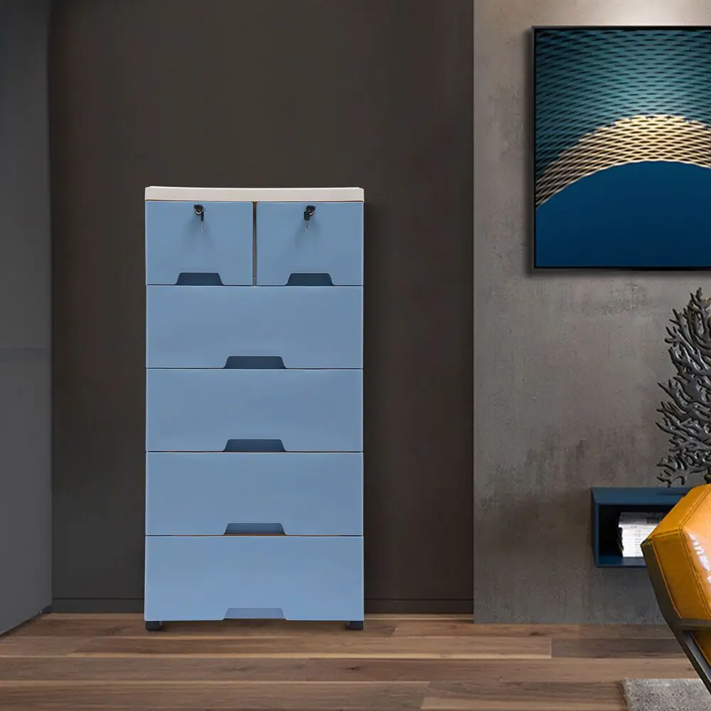 

6-Drawer Blue Clothes Storage Cabinet with Locks & Keys - Mobile Dresser Organizer on 4 Wheels