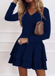 2024 nuevo otoño cuello pico Color sólido moda Mediados de cintura pulóver Panel inferior moda estilo versátil vestido de mujer de manga larga