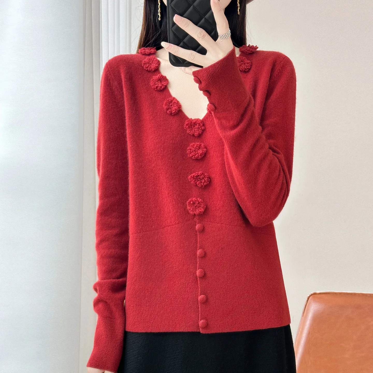 Autumn Winter Women's 100% Merino Wool Cardigan Sweater V-Neck Floral Trim Placket Flower Shape Buttons Long Sleeve Outerwear