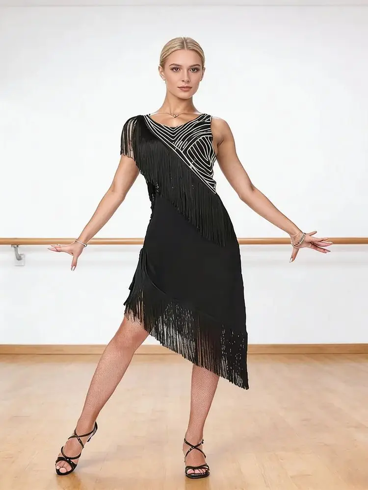 

Asymmetrical Fringe Latin Salsa Tango Dress Women Sequin Ballroom Dancing Costume