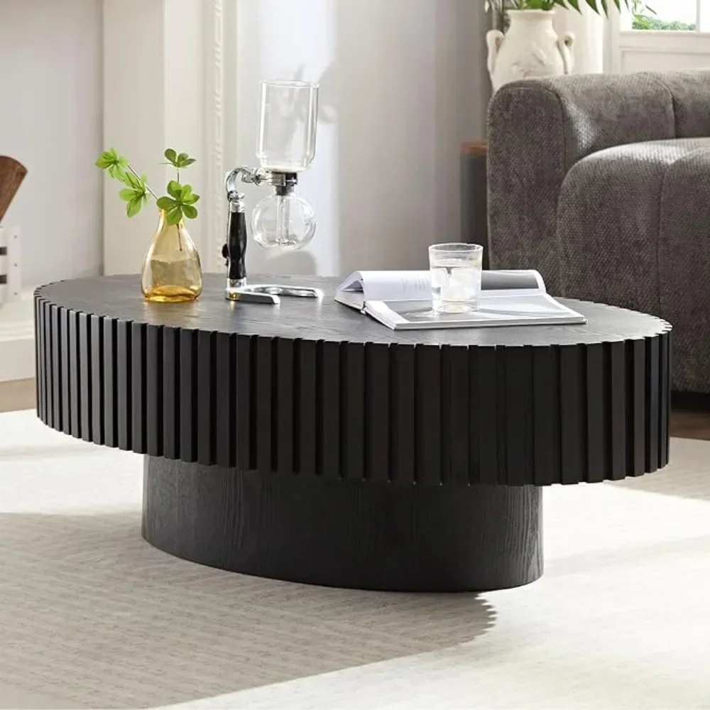 43.7''W Contemporary Coffee Tables Drum Pedestal Table for Living Room, Modern Fluted Drum Side Table Oval End Table Café Tables