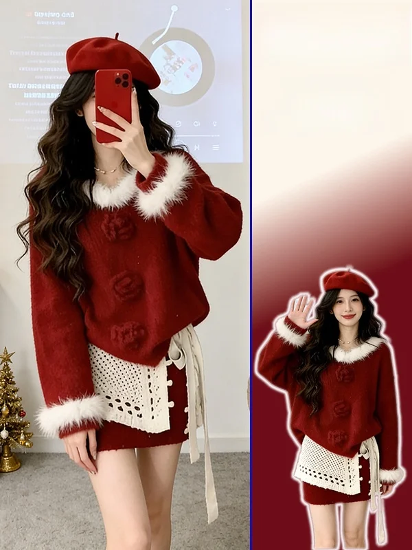 

plus Size Women's Spring New Unique Beautiful Sweater Skirt Set Casual Sle High Waist Long Sve round Ne Warm Faionable