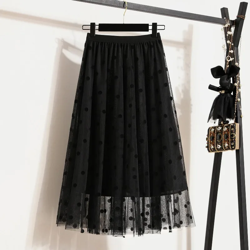 

plus Size Women's Summer New Polka Dot Me f Skirt Slim Long A-Line Skirt High Waist Belly Covering Korean Sle Midi Skirt