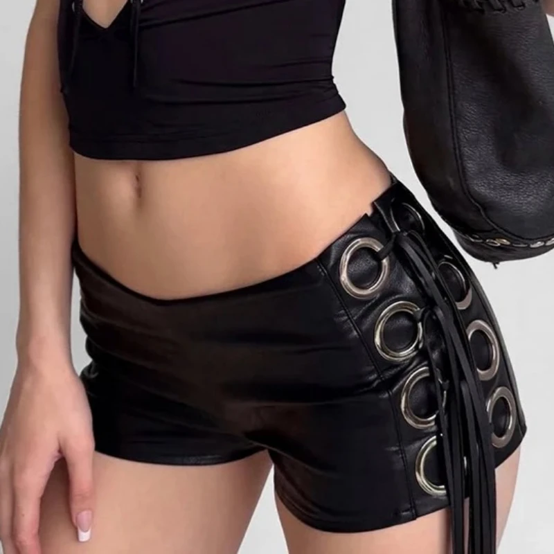 Bandage Tassels Short Women Faux Leather Metal Ring Hollow Elastic Waist Sexy Midnight Hottie Fashion Classic Streetwear