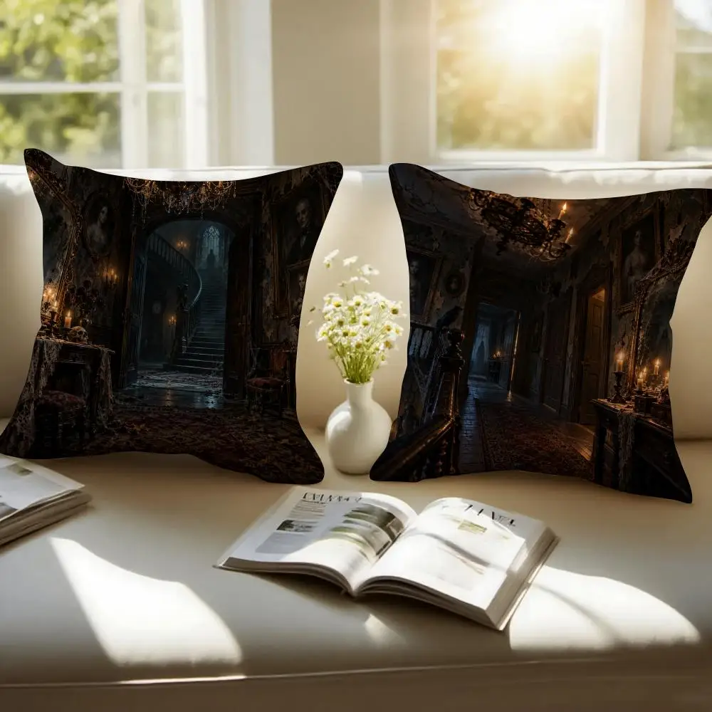 Hallowee Inside the Haunted House Cushion Cover Pillowcase Anti-dustmite Invisible Zipper Short Plush Sofa Cushion
