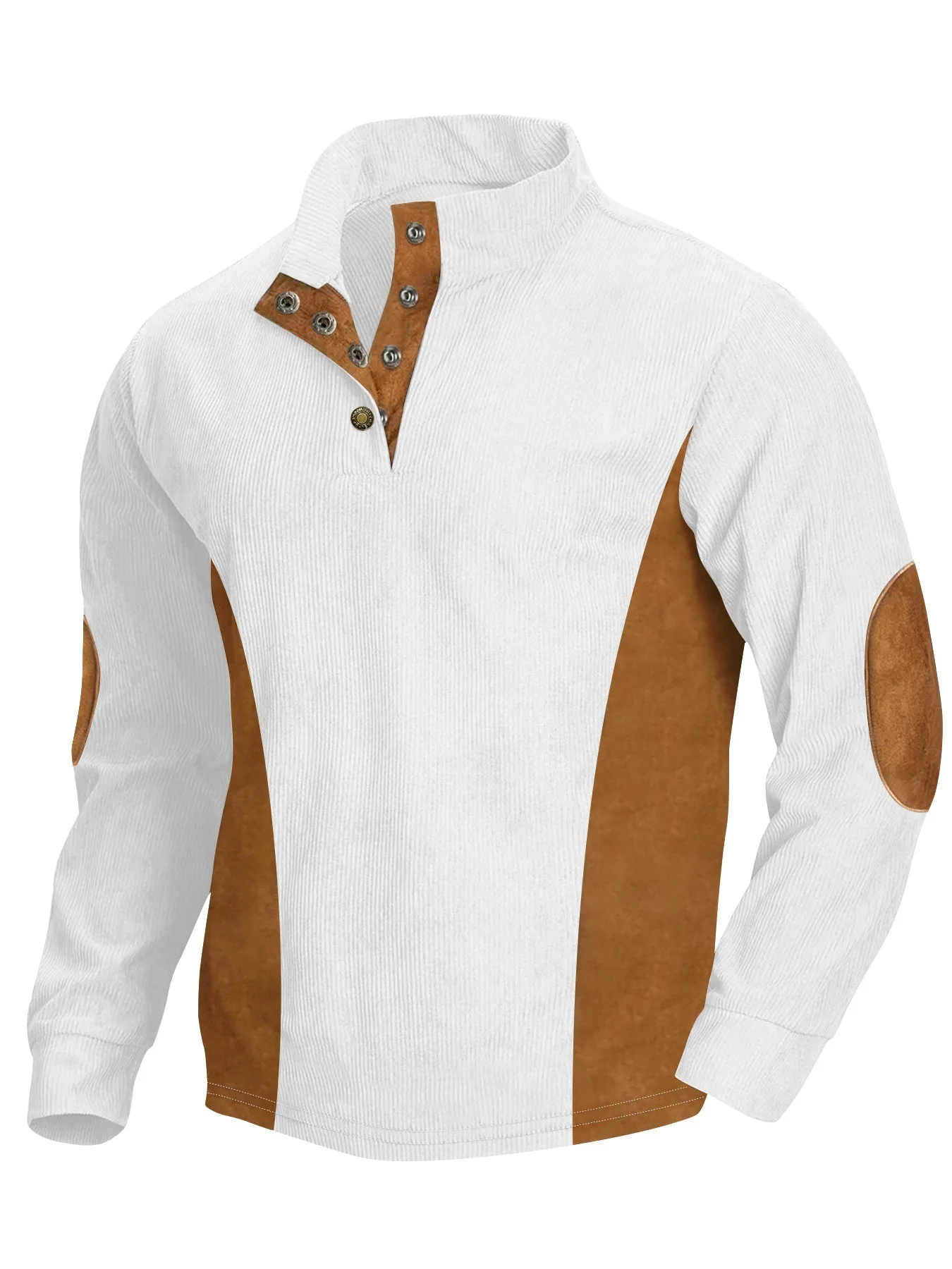 2025Men's pullover shirt Long sleeved stand up collar corduroy polo shirt Casual and relaxed Color block snap button Hot sale