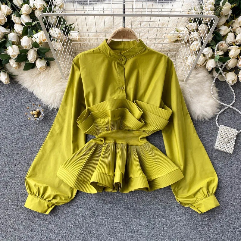 Women Pleated Blouse Black White Tops Long Lantern Sleeve Elegant Y2k Top Bow Ruffles Slim Shirts Casual Blouses Spring Summer