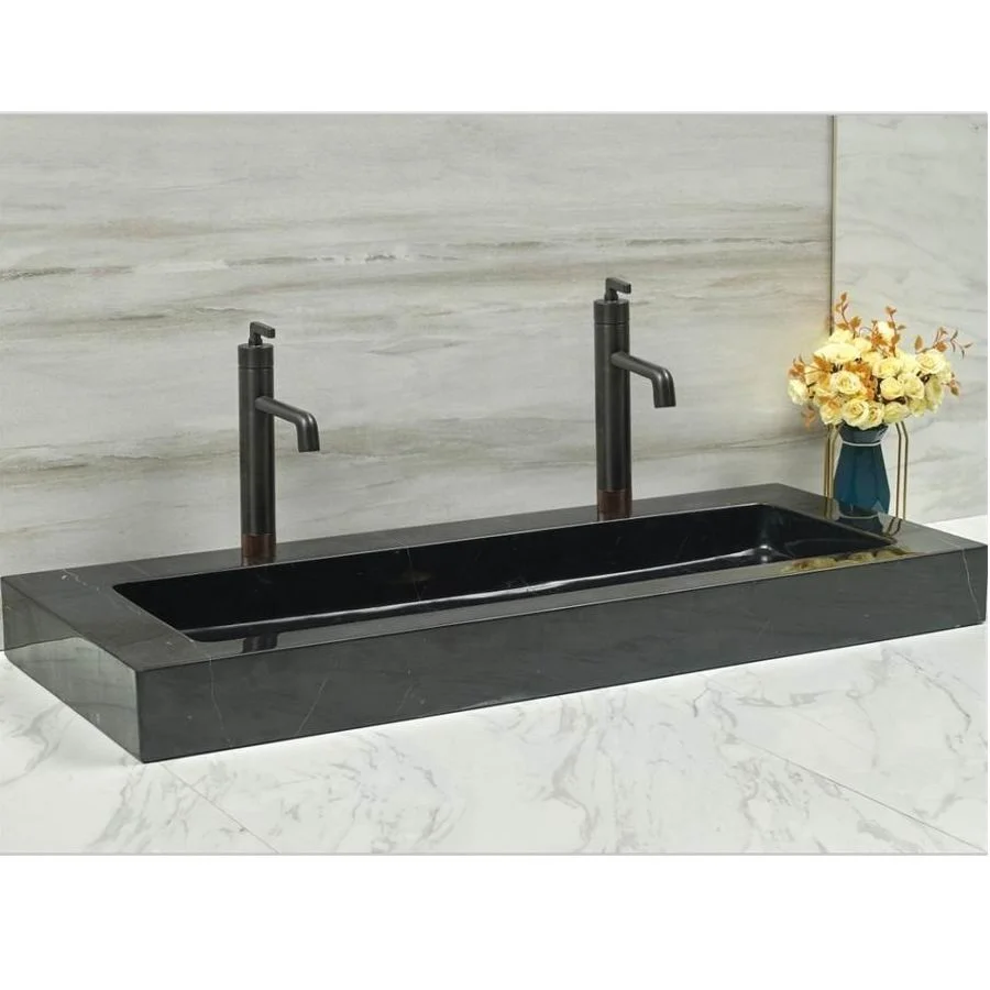 Modern Hotel Rectangle High Polished Bathroom Double Sink Marble Vanity Basin with Double Drainer and Double Bowl