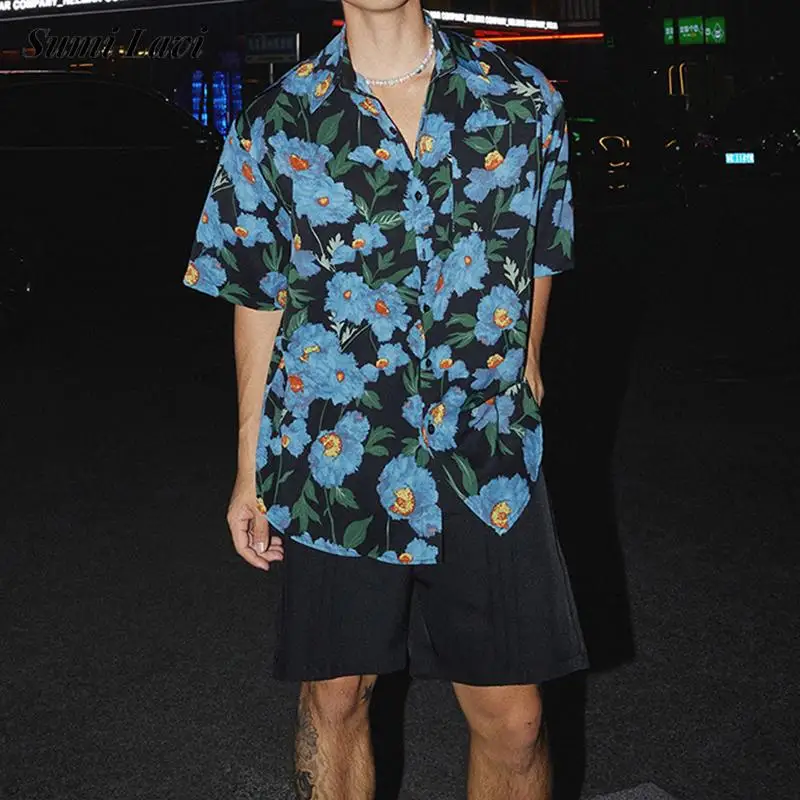 

Daily Casual Short Sleeve Mens Shirts Vintage Lapel Button-up Loose Shirt Tops 2026 Spring Summer Men Stylish Floral Print Shirt