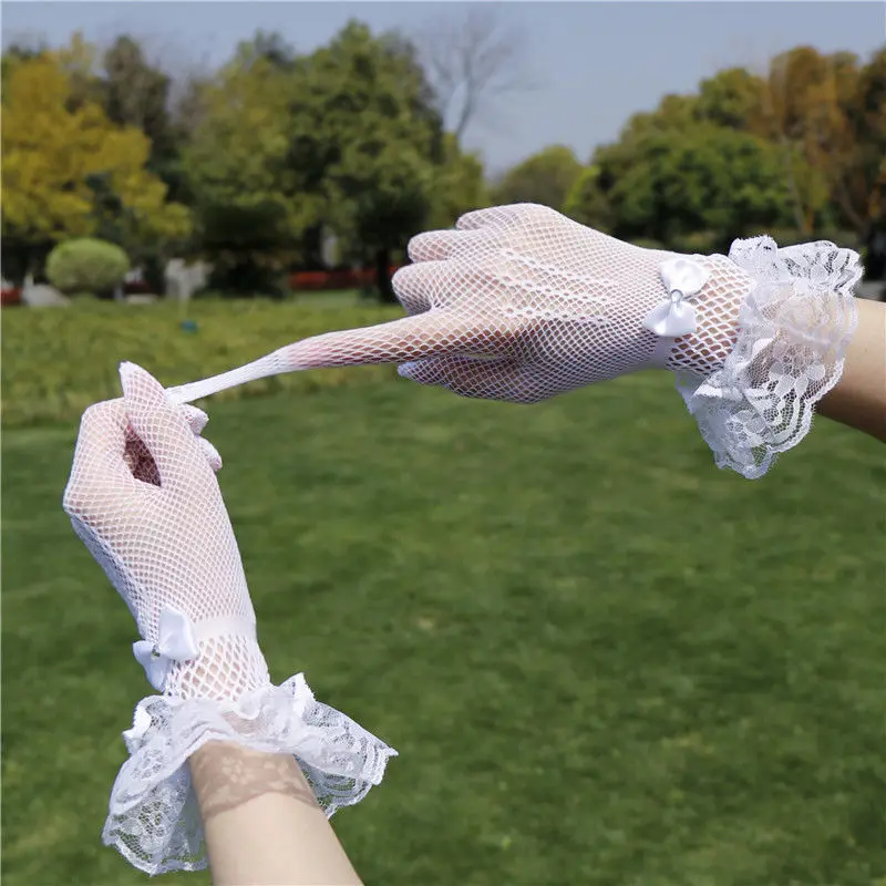 Women Black White Summer Uv-proof Driving Gloves Mesh Fishnet Gloves Lace Mittens Full Finger Girls Lace Fashion Gloves