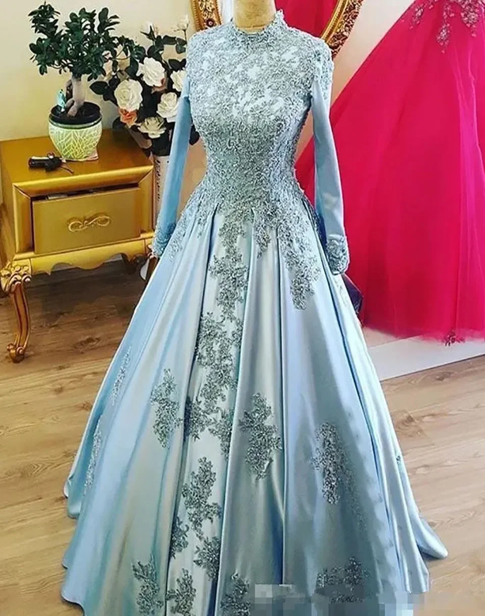 

Prom Dresses Evening Gown Party High Neck Long Sleeve Satin Applique Beaded Custom Lace Up New Plus Size A Line Light Blue
