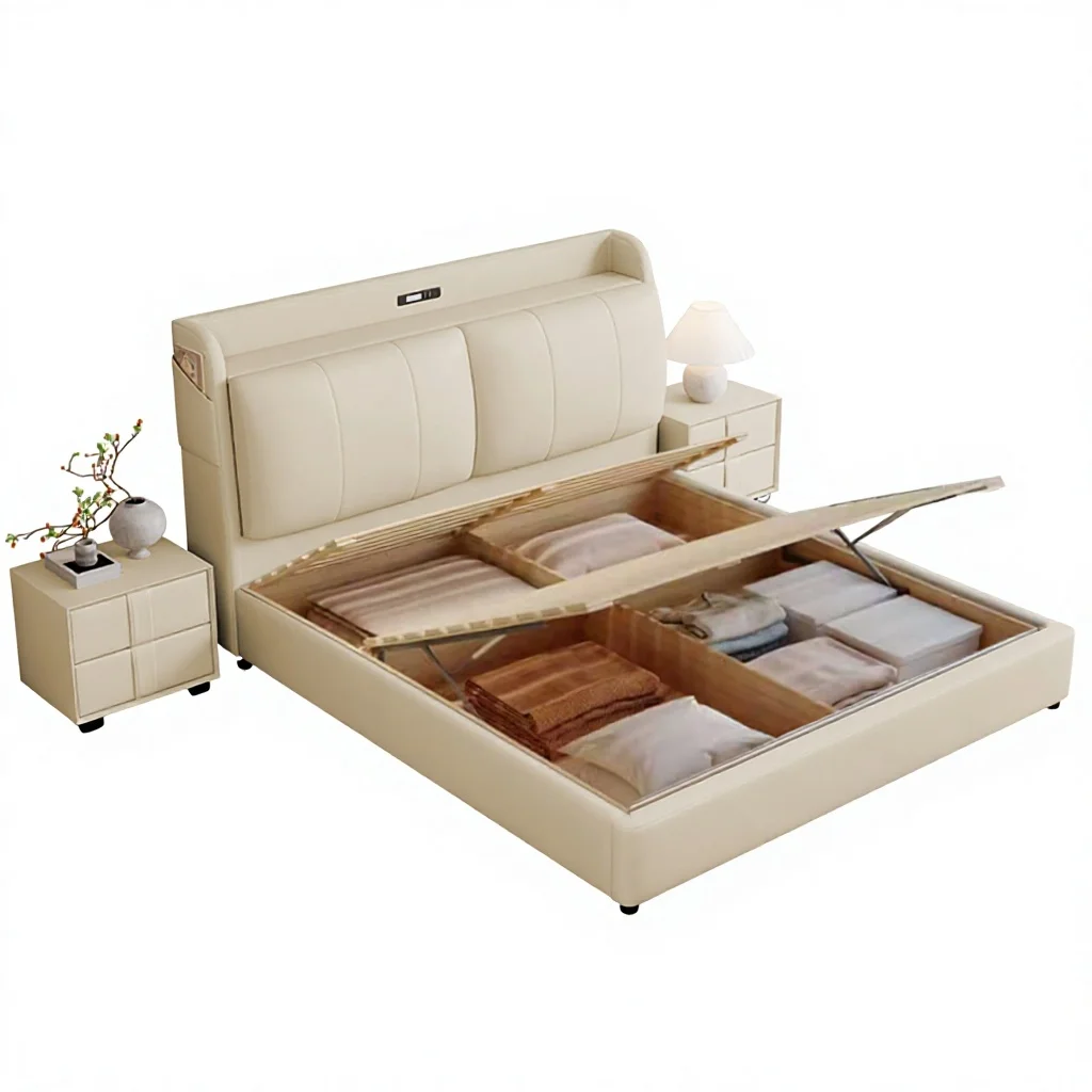 ^Modern French Tufted Soft Bed Headboard PU Leather Upholstery Pine Wood Frame Storage Space-Saving Double Queen/King Home