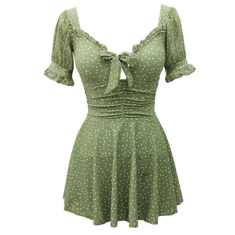 Groene Ronde Dot Eendelige Badpak Dames Zomer Puffe Mouw Hoge Taille Badkleding Sexy Strandvakantie Slank Badpak