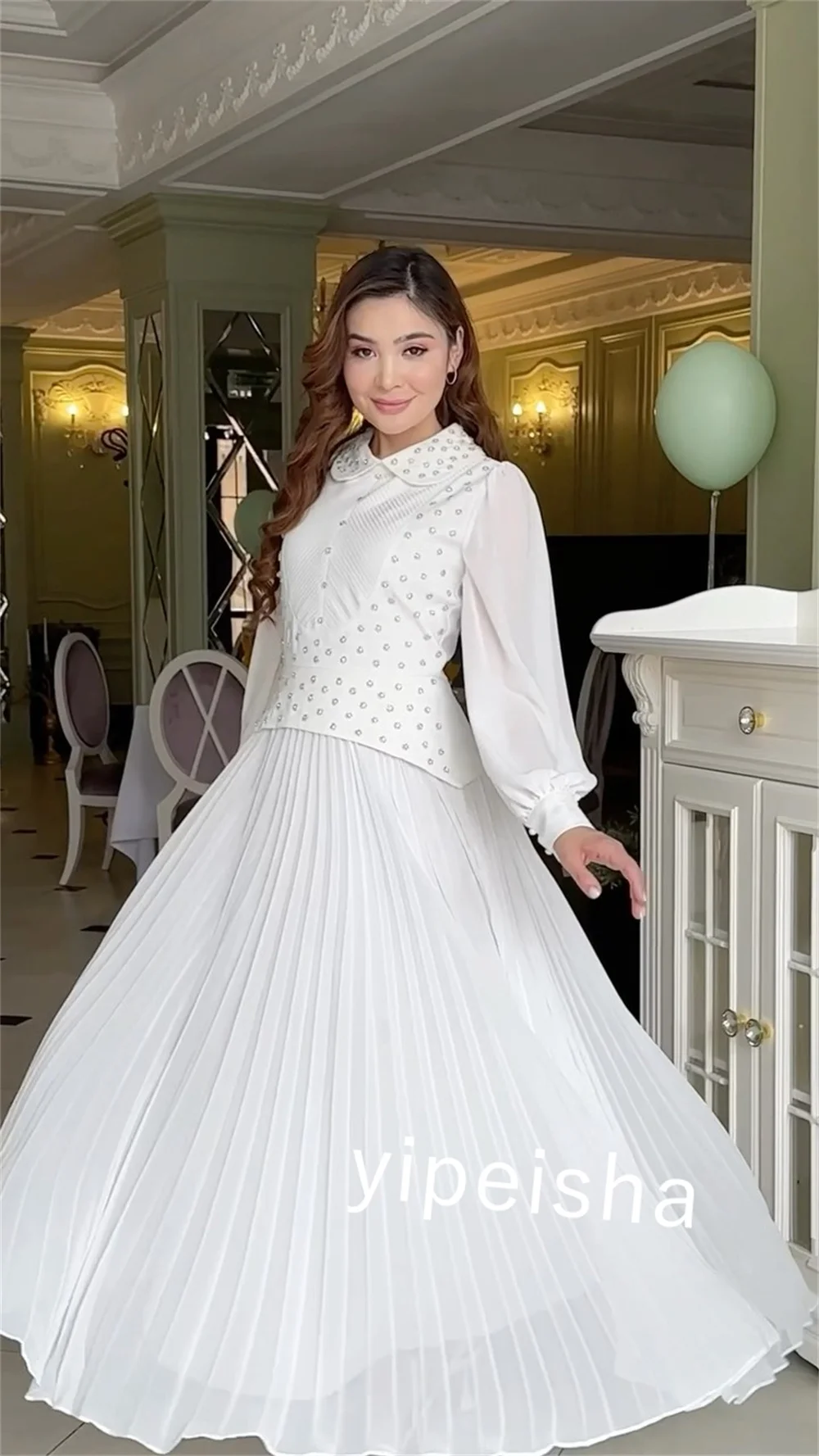 Customized Chiffon Pleat Quinceanera A-line V-neck Bespoke Occasion Gown Midi Dresses