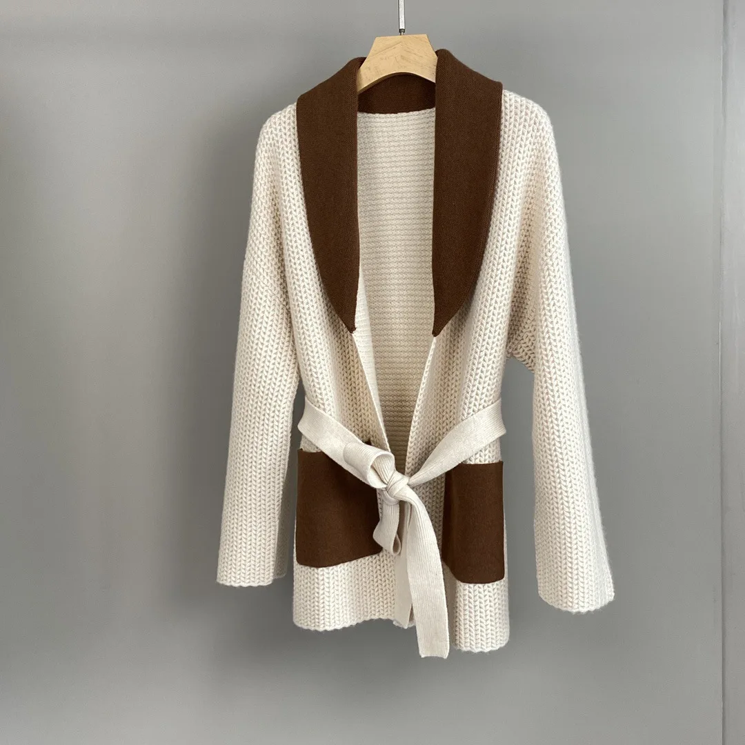 Contrast-Color Collar Cashmere Cardigan Knit Jacket Stylish, Comfortable, Versatile Women'S
